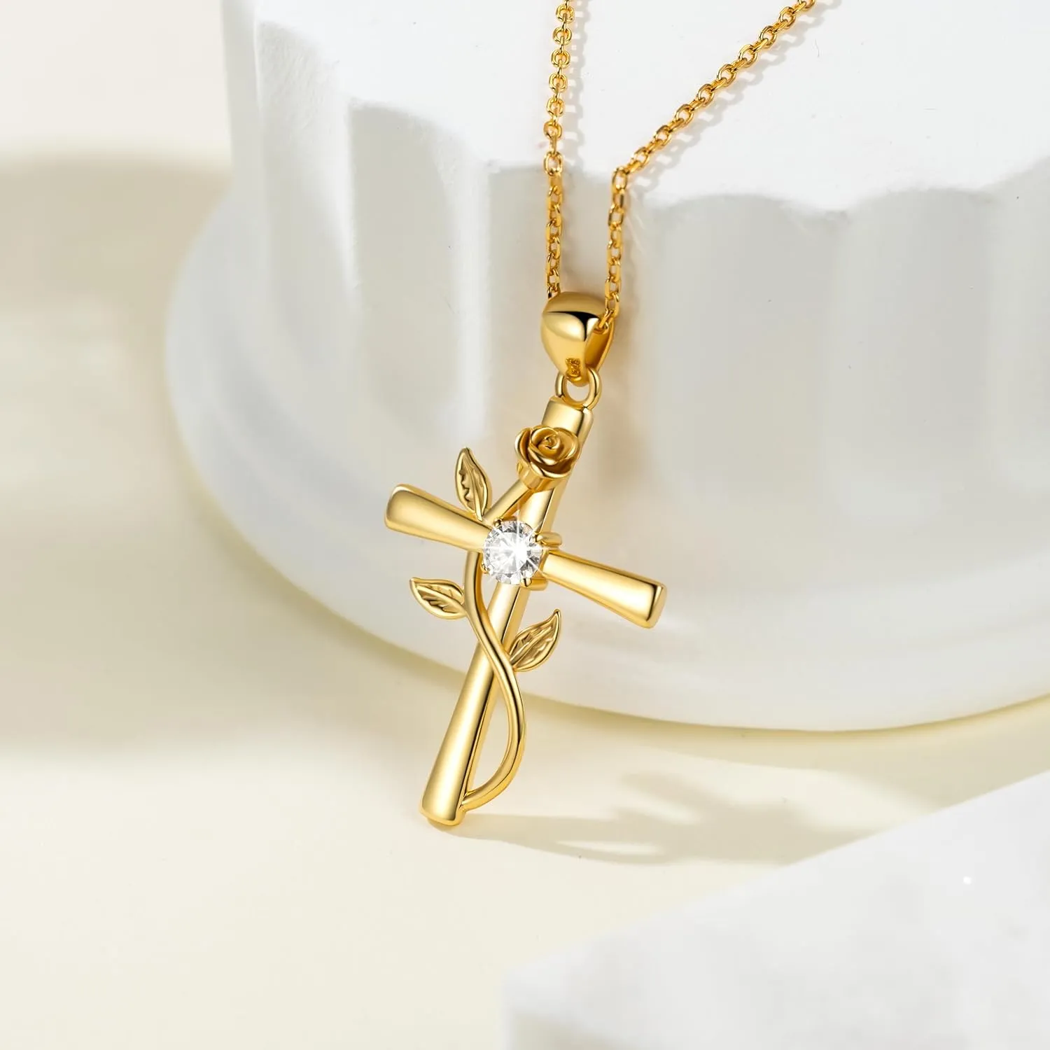 BlingGem Cross Necklace for Women Sterling Silver Cross Necklaces Pendant White/Rose/Gold Plated Cubic Zirconia Flower Necklace Gifts for Women