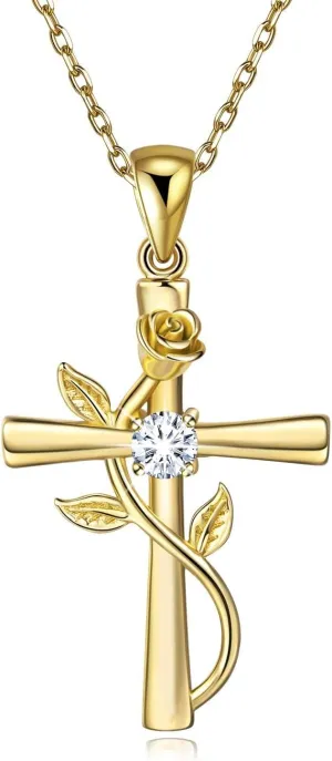 BlingGem Cross Necklace for Women Sterling Silver Cross Necklaces Pendant White/Rose/Gold Plated Cubic Zirconia Flower Necklace Gifts for Women