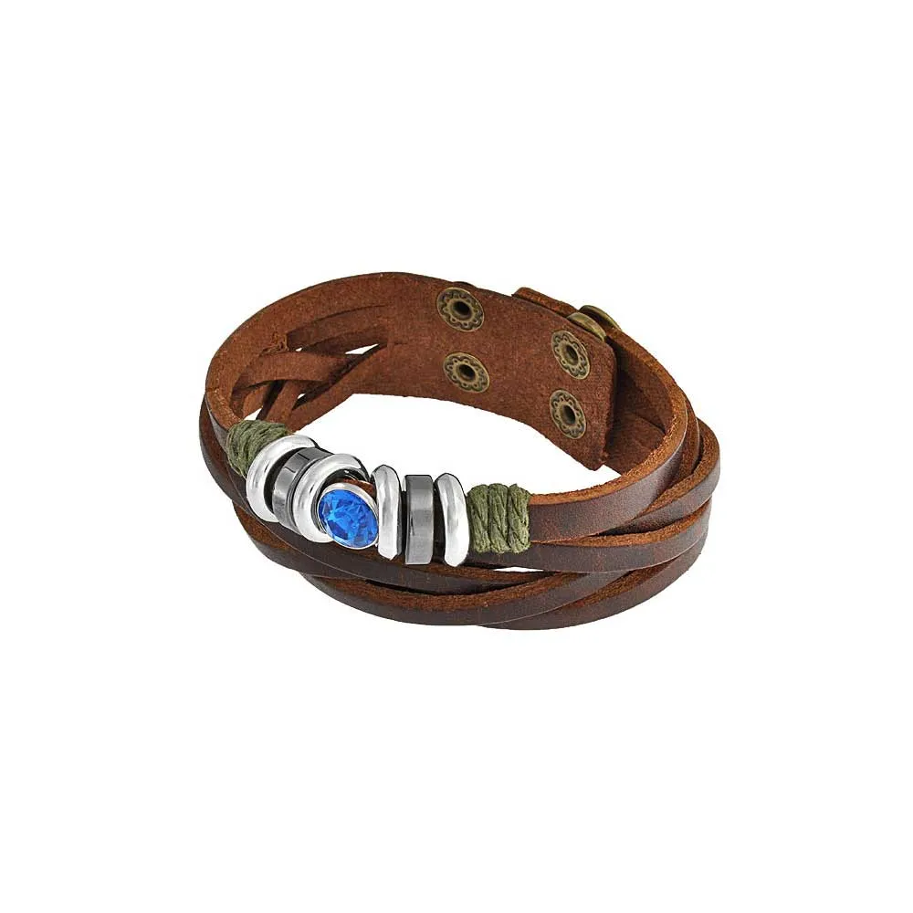 Blue Multi-Charm Braid Leather Wrap Bracelet with Oxidized Gold Accents