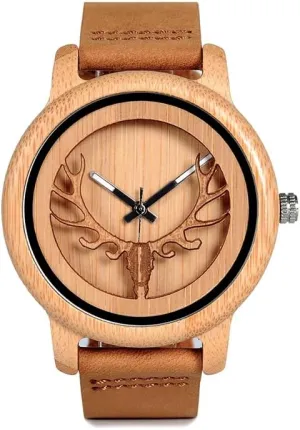 BOBO BIRD Handcrafted Wooden Watch with Deer Design, Bamboo Case, Brown Leather Band