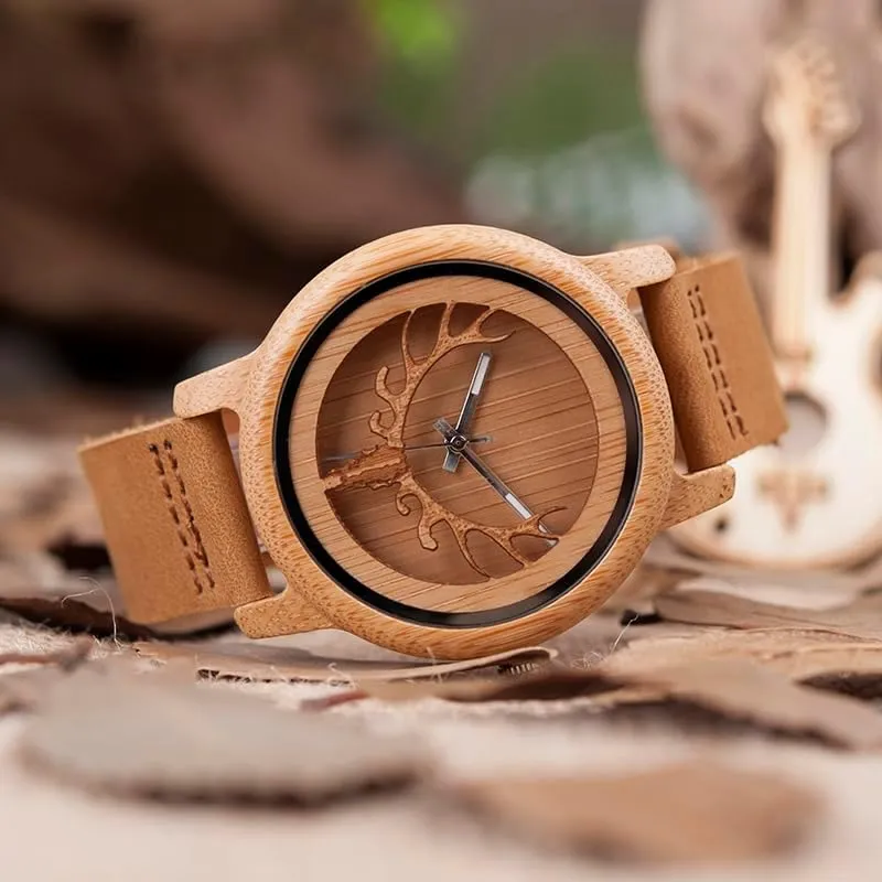 BOBO BIRD Handcrafted Wooden Watch with Deer Design, Bamboo Case, Brown Leather Band