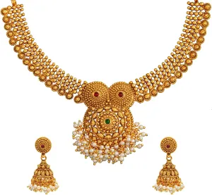 Bodha Traditional Indian Handcrafted Antique Gold Jewellery Clustered Hanging Pearls Necklace Set with Jhumki Earrings for Women &(SJN_77)