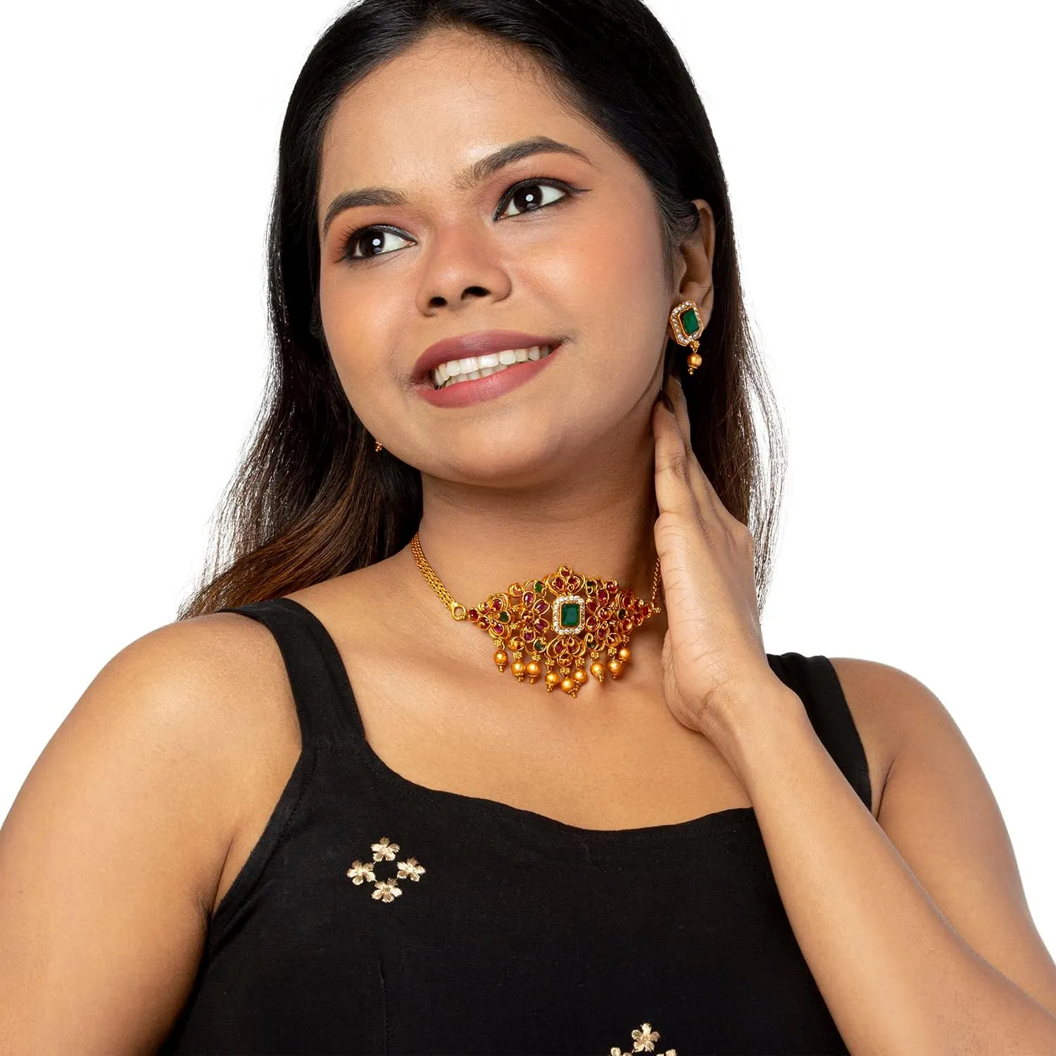 Bodha Traditional Indian Handcrafted Antique Gold Plated Traditional Kundan,CZ, Studded Choker Jewellery Necklace set With Matching Earring For Women (SJN_145_P)
