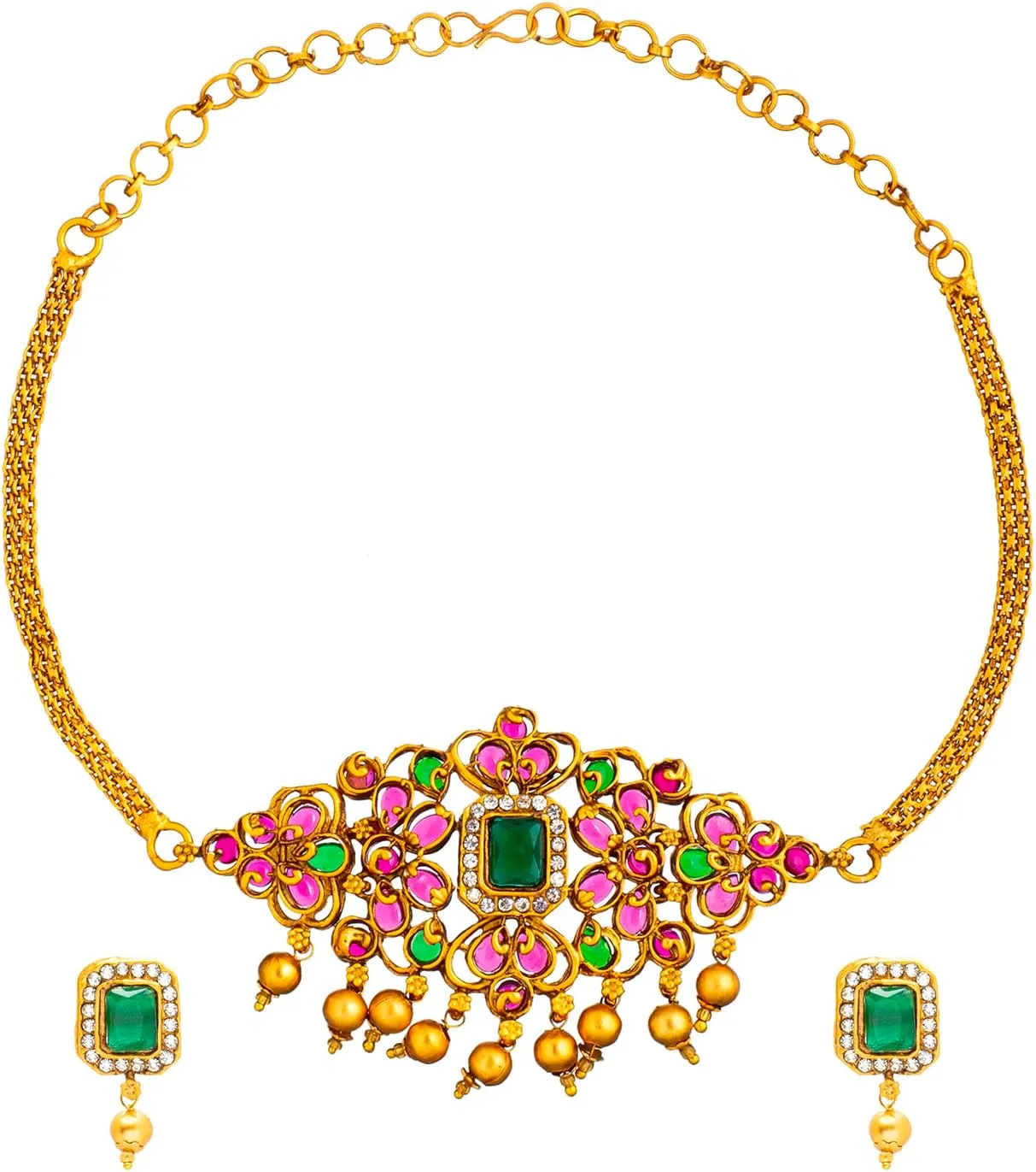 Bodha Traditional Indian Handcrafted Antique Gold Plated Traditional Kundan,CZ, Studded Choker Jewellery Necklace set With Matching Earring For Women (SJN_145_P)