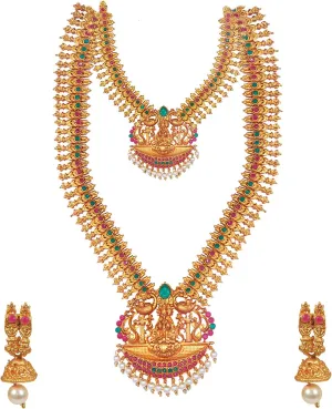 BodhaBodha Tradtional Indian Handcrafted Antique Gold Plated Temple Jewellery Combo Bridal Dulhan Necklace Set With Matching Earring & Pearls For Women (SJ_2945)