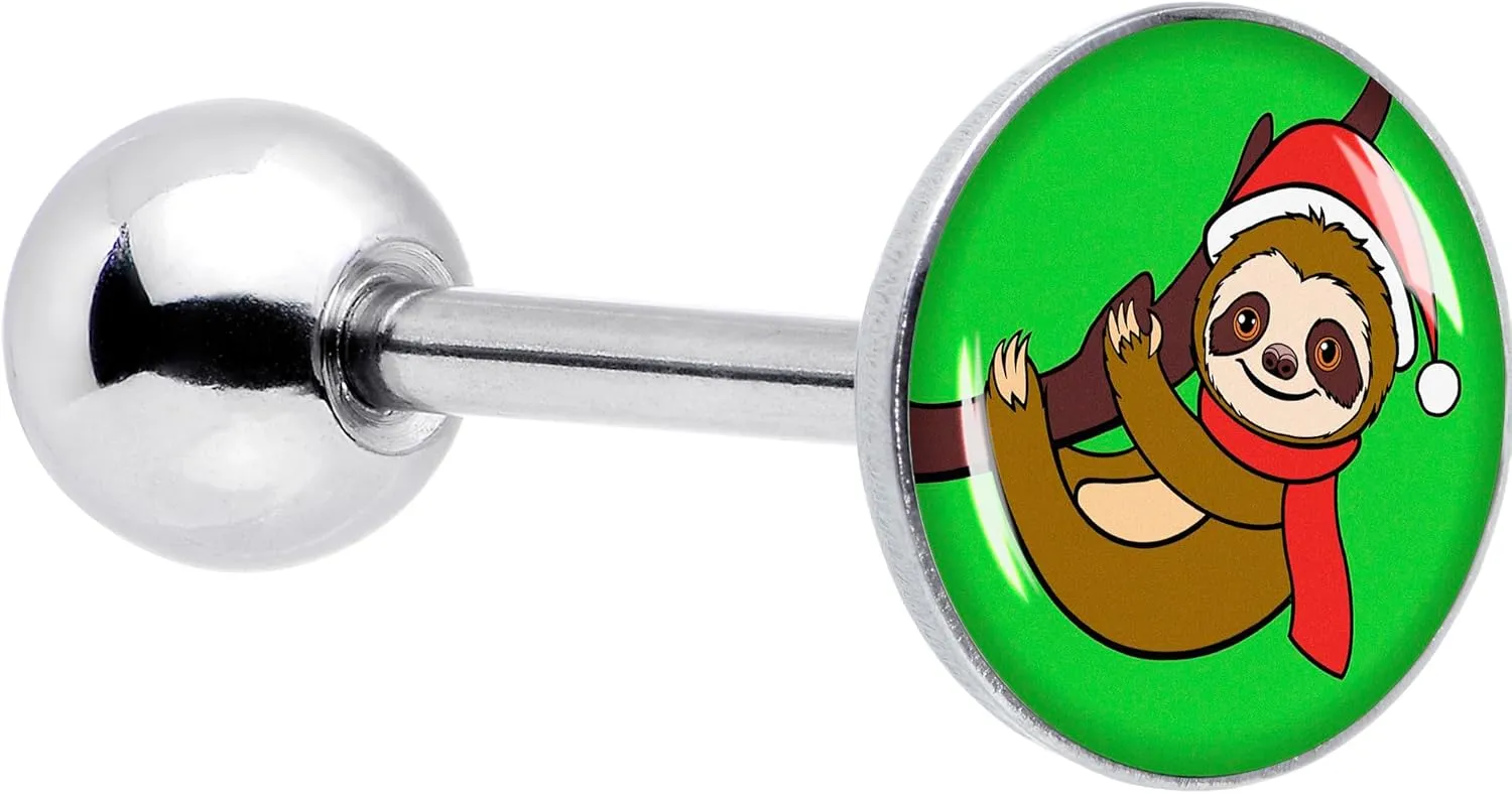 Body Candy Winter Holiday Surgical Steel Tongue Ring Christmas Santa Sloth Holiday Tongue Piercing Jewelry