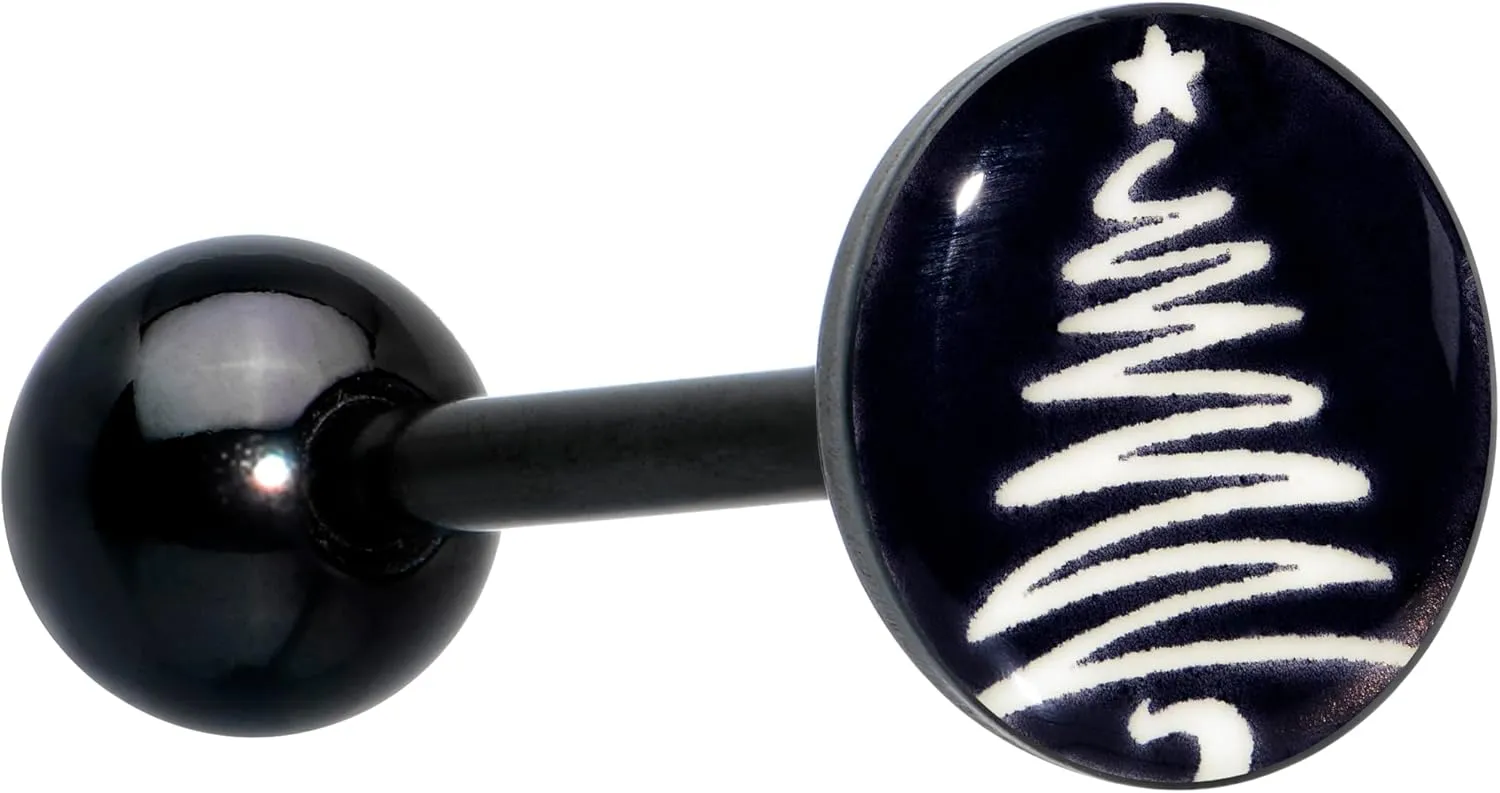 Body Candy Winter Holiday Surgical Steel Tongue Ring Glow in the Dark Christmas Tree Tongue Piercing Jewelry
