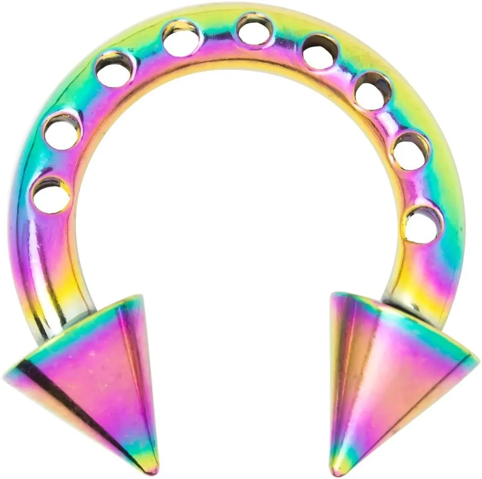 BodyJewelryOnline Horseshoe Circular Barbell - 12ga Anodized 316L Steel Hole-Punched Internally Threaded with Spike Ends