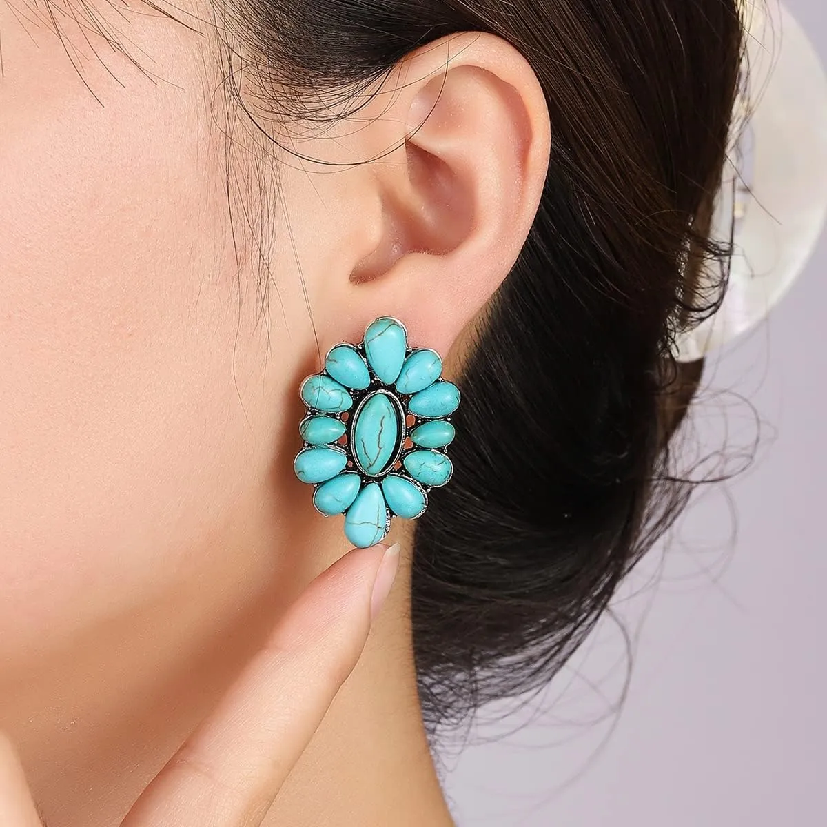 Bohemian Turquoise Oval Drop Dangle Earrings Beaded Western Flower Teardrop Earrings Vintage Ethnic Women Jewelry