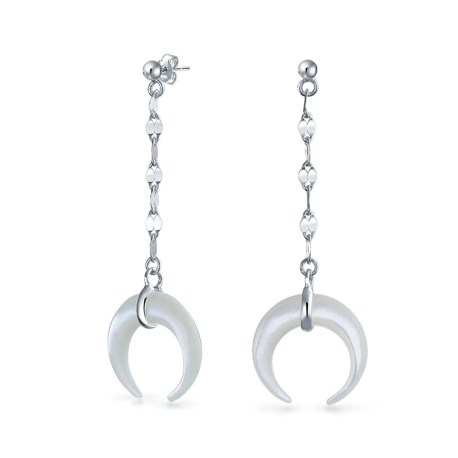 Boho Crescent Moon White Shell Celestial Horn Dangle Earrings in Sterling Silver