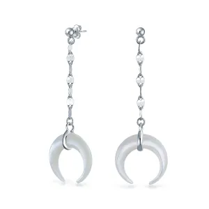 Boho Crescent Moon White Shell Celestial Horn Dangle Earrings in Sterling Silver
