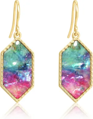 Boho Gold Colorful Abalone Shell Small Hexagon Dangle Drop Earrings for Women