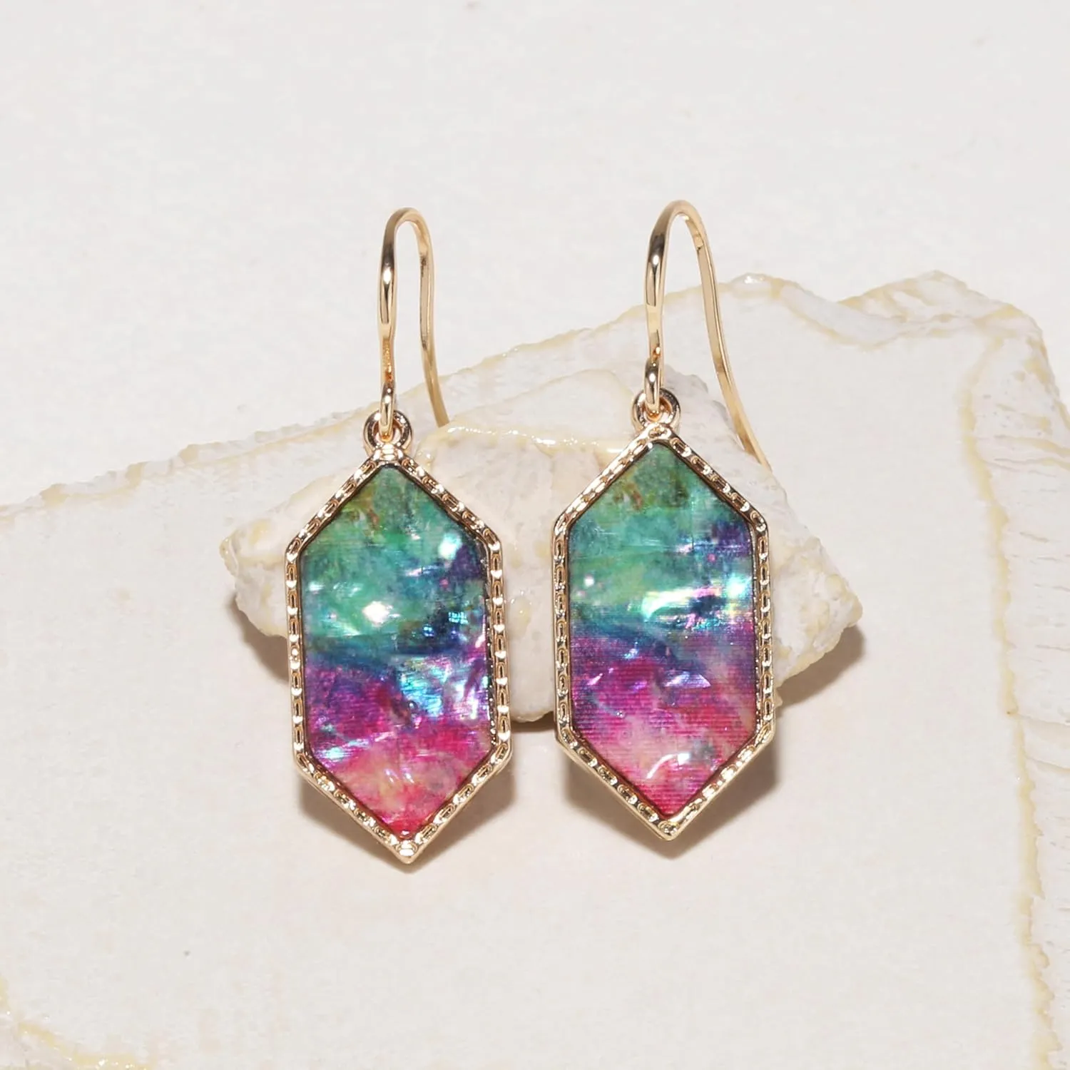 Boho Gold Colorful Abalone Shell Small Hexagon Dangle Drop Earrings for Women