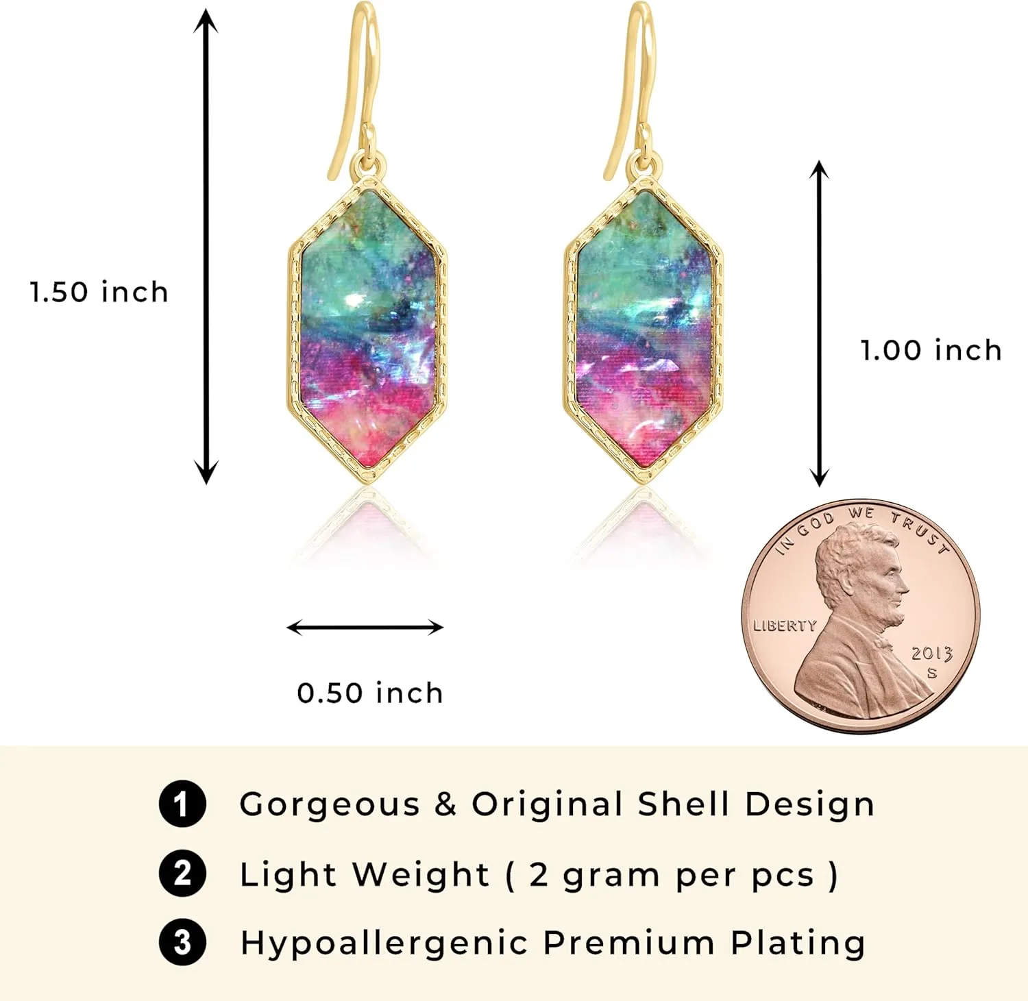 Boho Gold Colorful Abalone Shell Small Hexagon Dangle Drop Earrings for Women