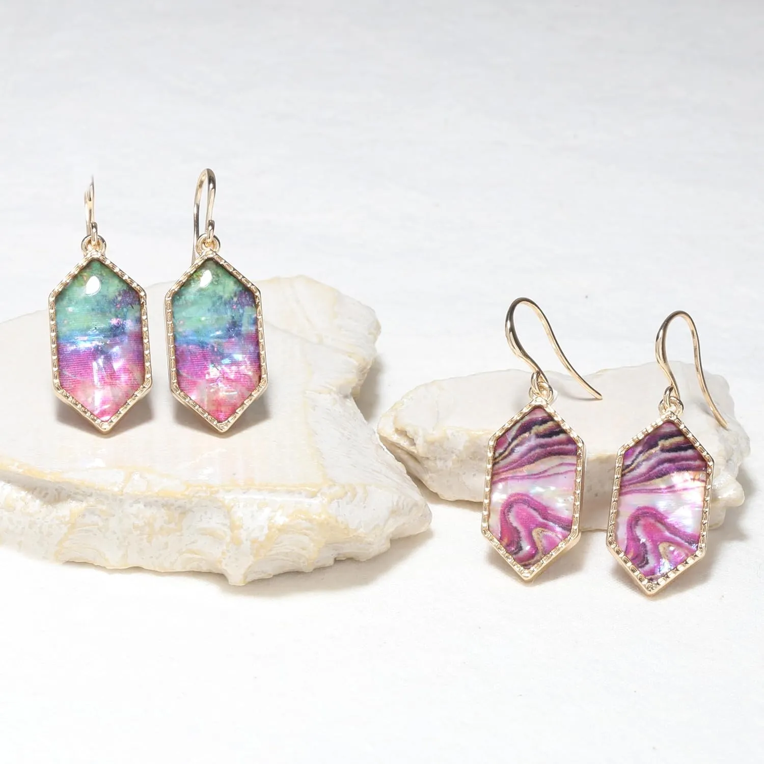Boho Gold Colorful Abalone Shell Small Hexagon Dangle Drop Earrings for Women