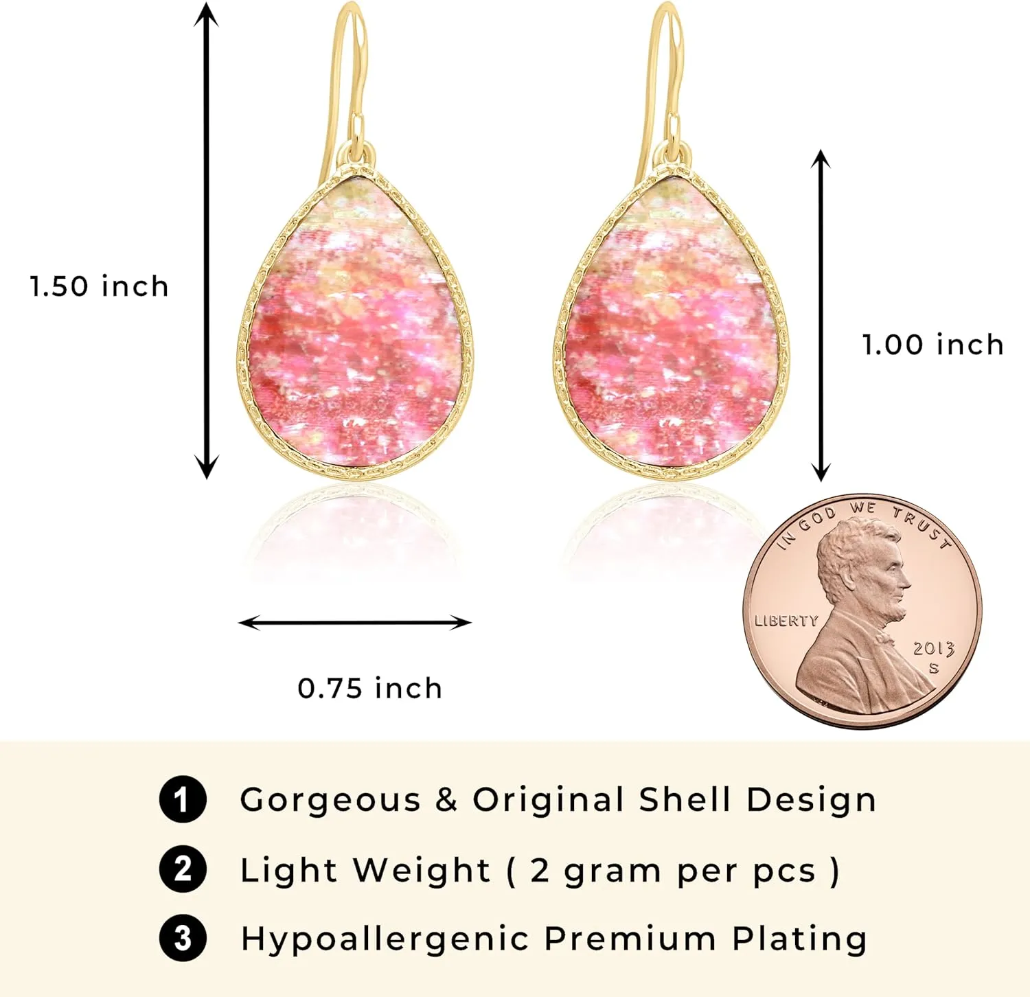 Boho Gold Teardrop Colorful Abalone Shell Small Dangle Drop Earrings for Women