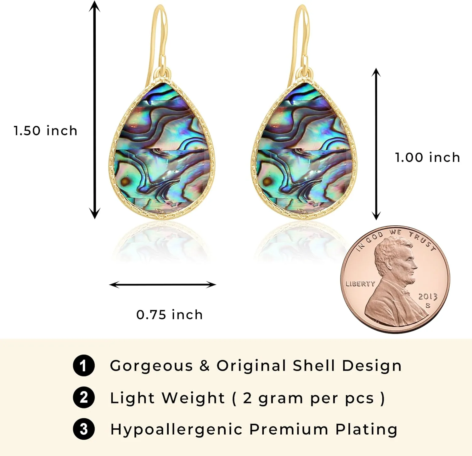 Boho Gold Teardrop Colorful Abalone Shell Small Dangle Drop Earrings for Women