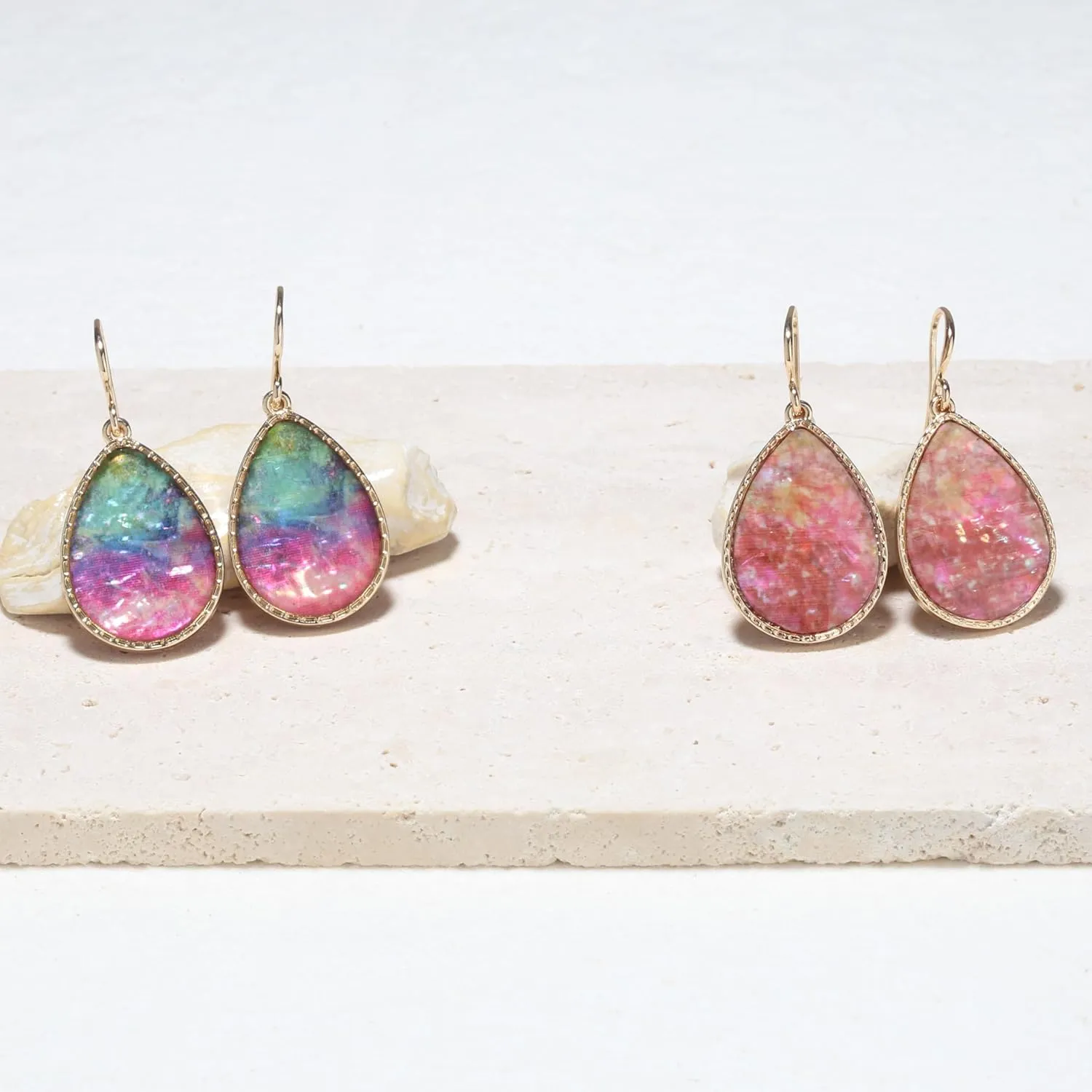 Boho Gold Teardrop Colorful Abalone Shell Small Dangle Drop Earrings for Women