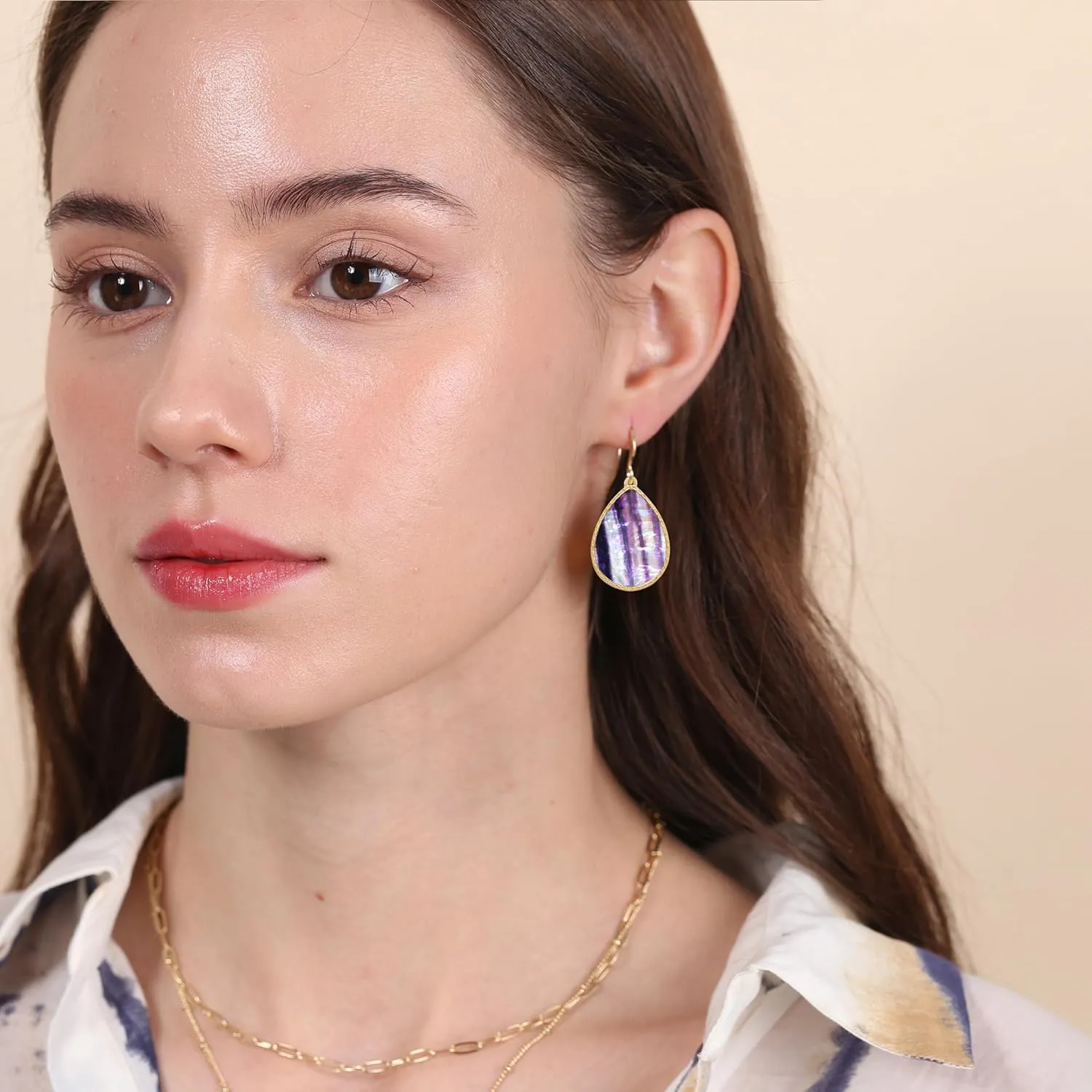 Boho Gold Teardrop Colorful Abalone Shell Small Dangle Drop Earrings for Women