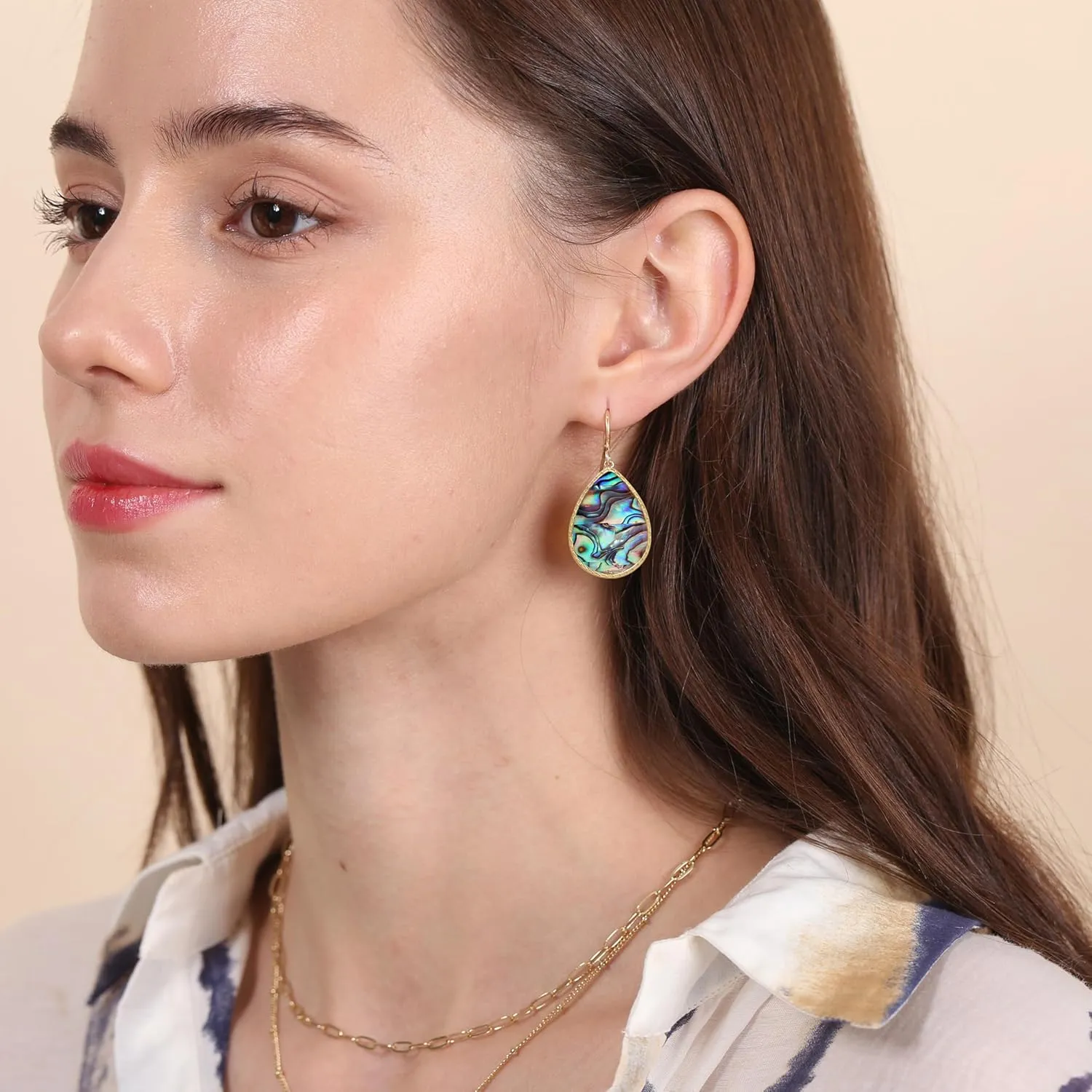 Boho Gold Teardrop Colorful Abalone Shell Small Dangle Drop Earrings for Women