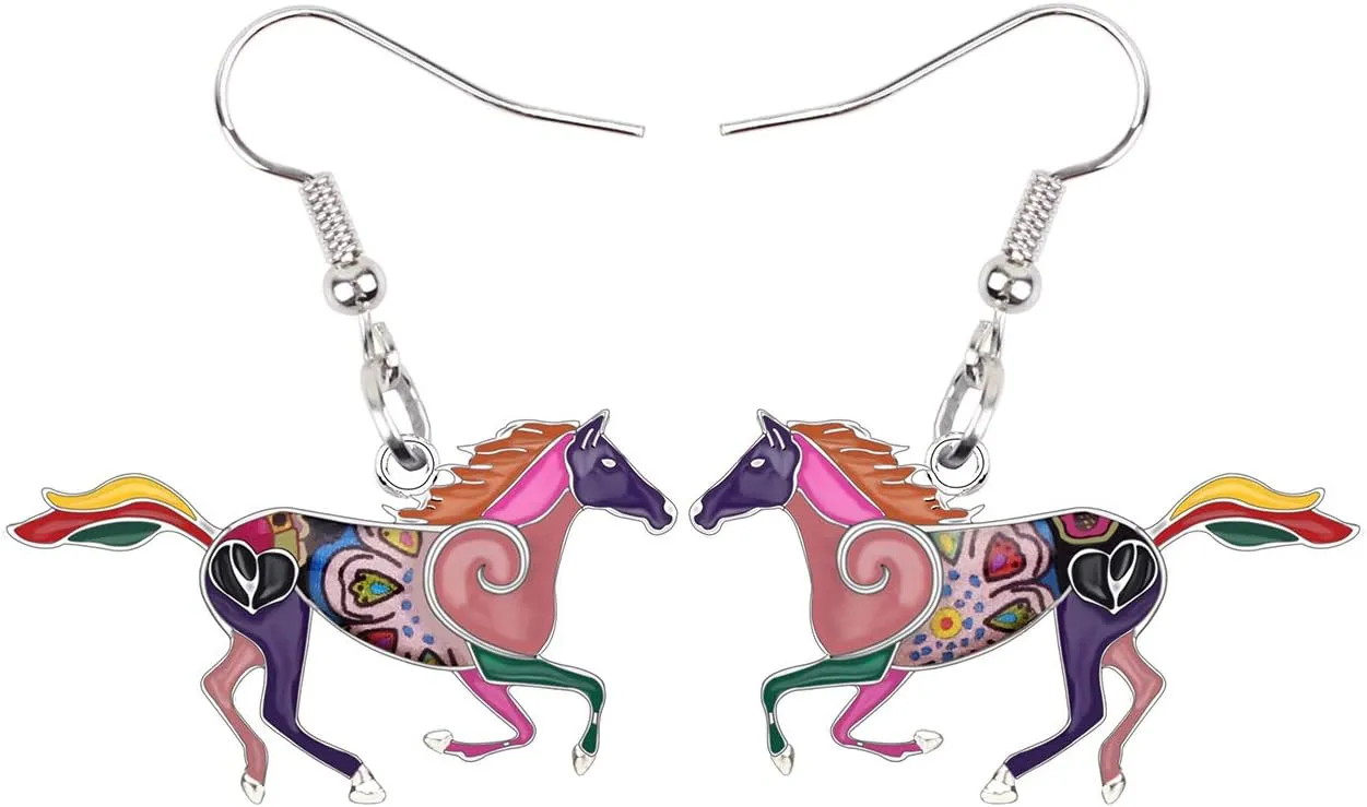 BONSNY Enamel Alloy Colorful Horse Earrings for Women Animal Lover Statement Jewelry