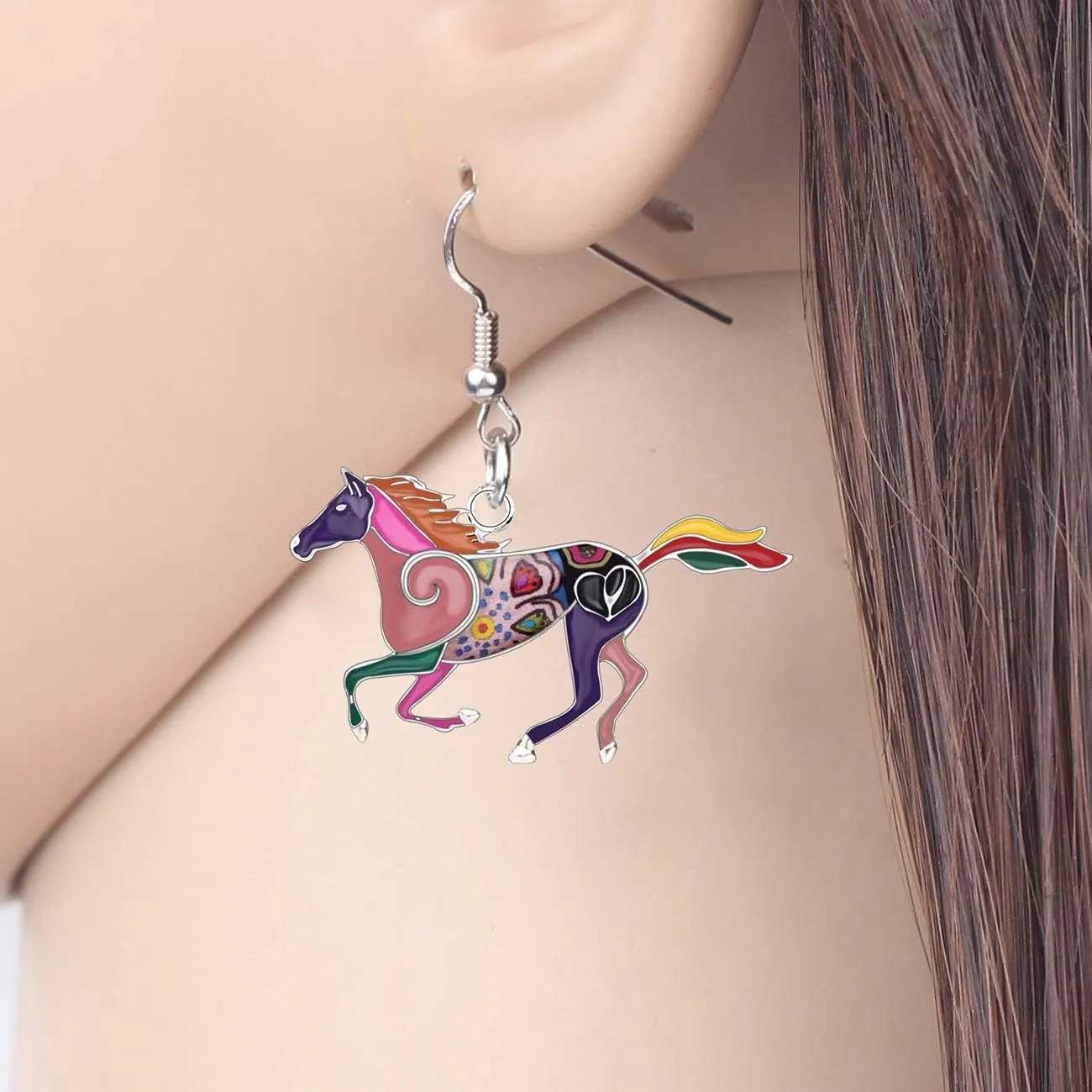 BONSNY Enamel Alloy Colorful Horse Earrings for Women Animal Lover Statement Jewelry