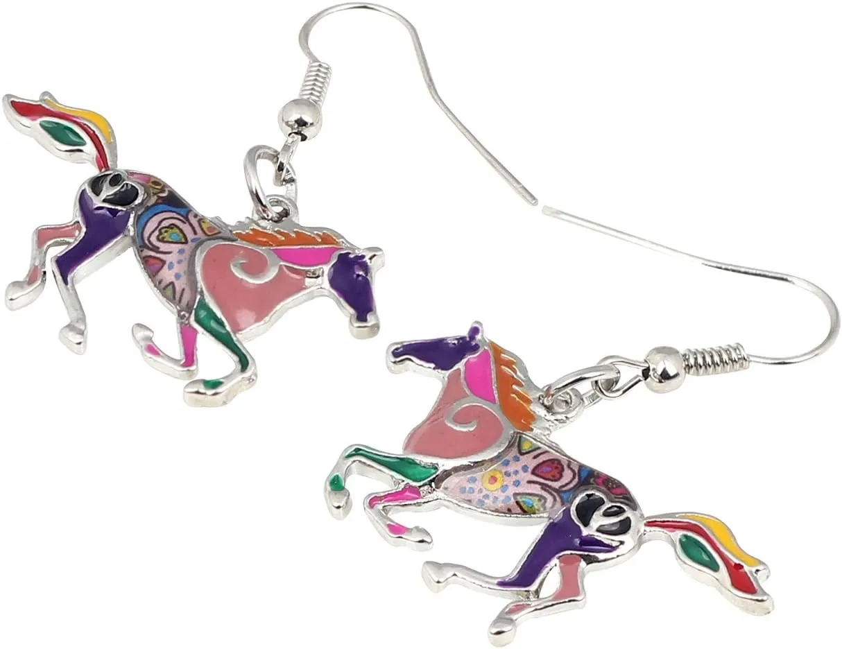 BONSNY Enamel Alloy Colorful Horse Earrings for Women Animal Lover Statement Jewelry
