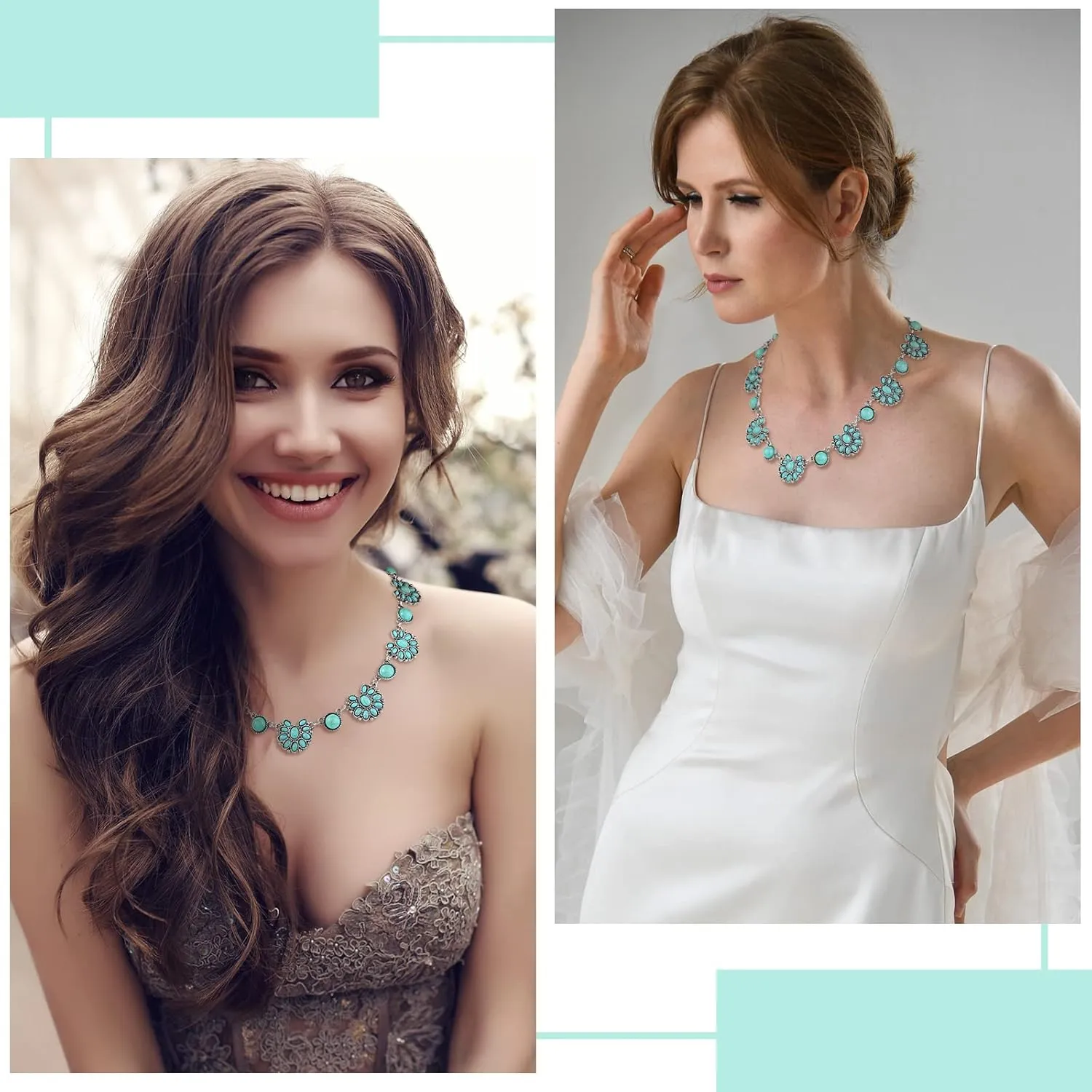 Bonuci Turquoise Collar Necklace Long Necklaces for Women Western Jewelry Silver Boho Jewelry Pendant Choker Collar with Buckle for Women