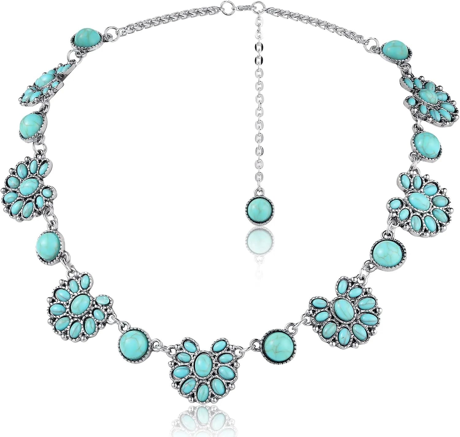Bonuci Turquoise Collar Necklace Long Necklaces for Women Western Jewelry Silver Boho Jewelry Pendant Choker Collar with Buckle for Women