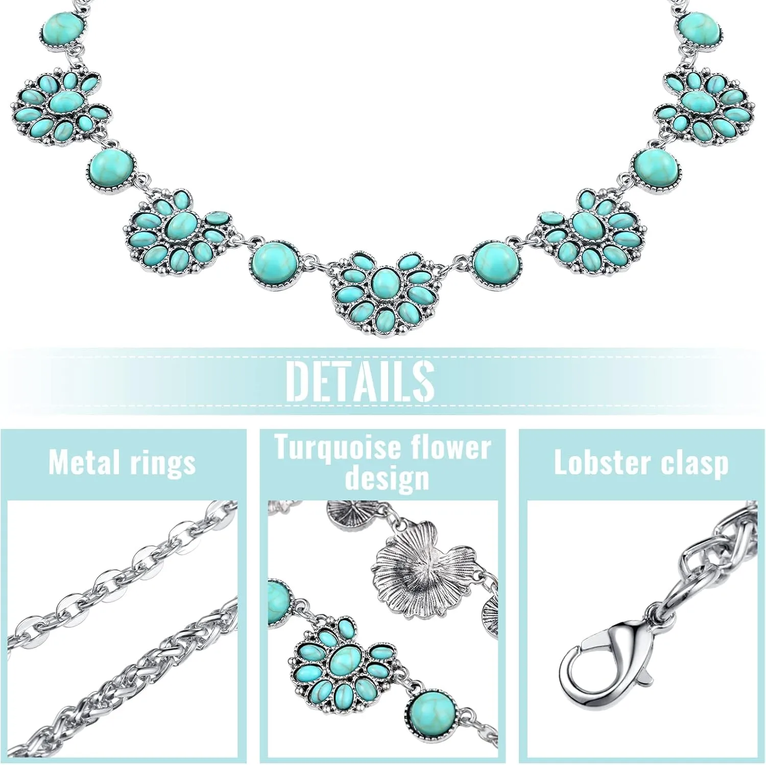 Bonuci Turquoise Collar Necklace Long Necklaces for Women Western Jewelry Silver Boho Jewelry Pendant Choker Collar with Buckle for Women