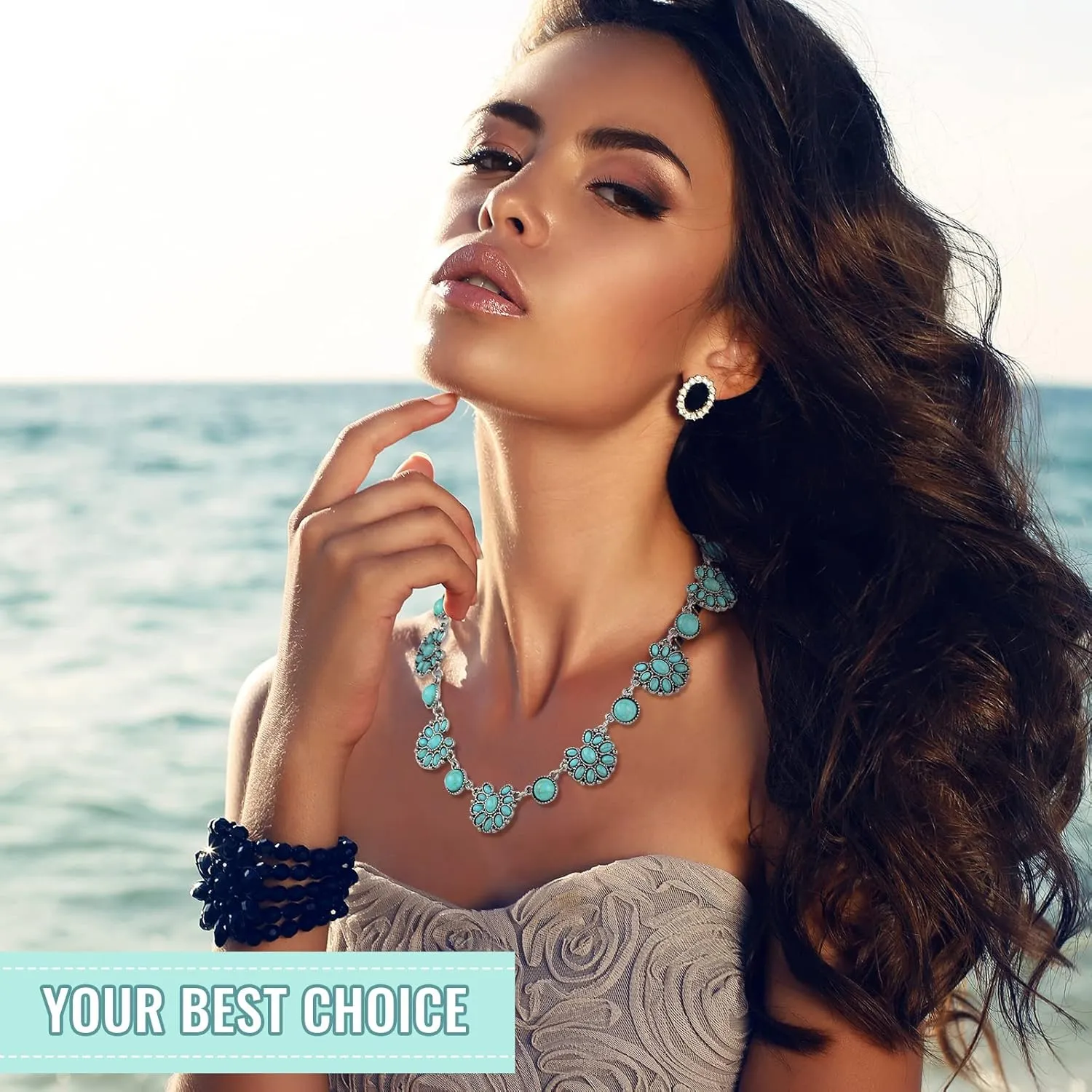 Bonuci Turquoise Collar Necklace Long Necklaces for Women Western Jewelry Silver Boho Jewelry Pendant Choker Collar with Buckle for Women