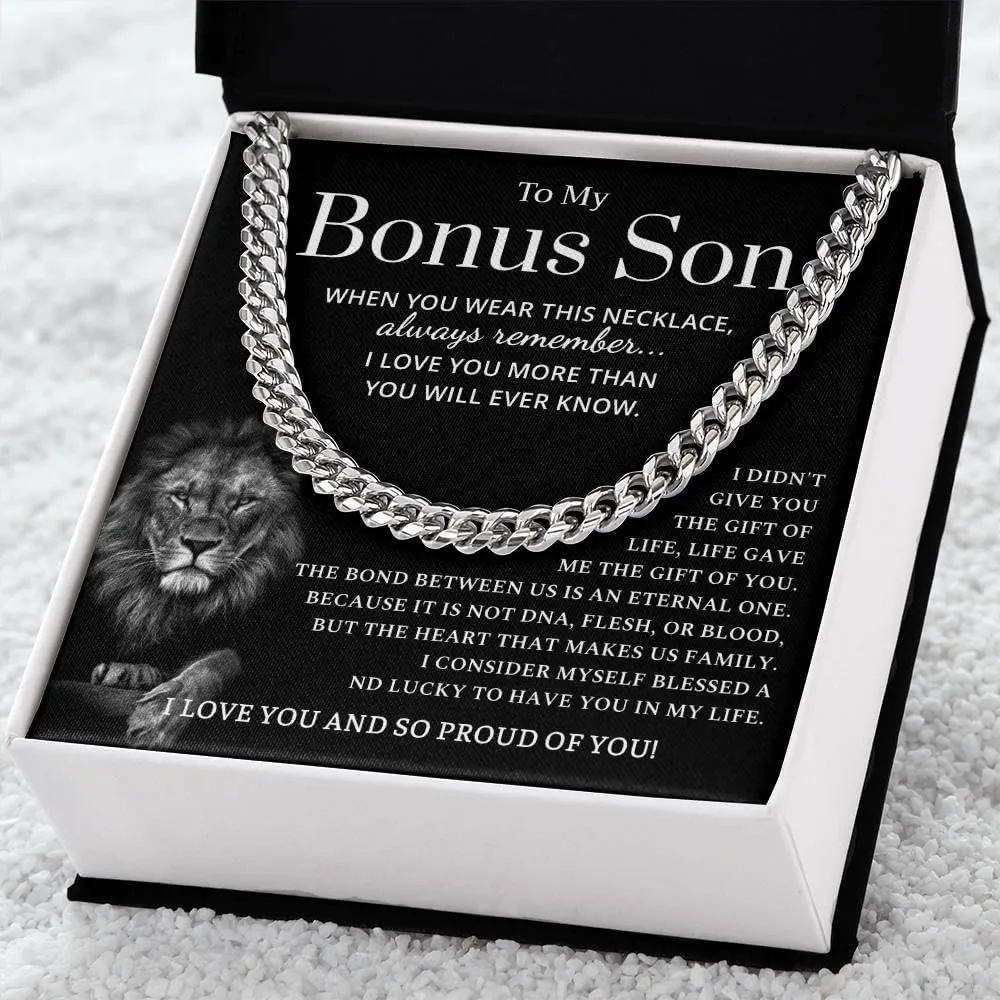 Bonus Son Necklace, Gift For Bonus Son, Bonus Son Gifts From Stepmom, Bonus Son Necklaces Gifts, Christmas Necklace For Bonus Son, Bonus Son Cuban Link Chain Necklace From Bonus Mom Dad