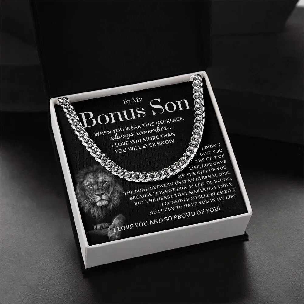 Bonus Son Necklace, Gift For Bonus Son, Bonus Son Gifts From Stepmom, Bonus Son Necklaces Gifts, Christmas Necklace For Bonus Son, Bonus Son Cuban Link Chain Necklace From Bonus Mom Dad