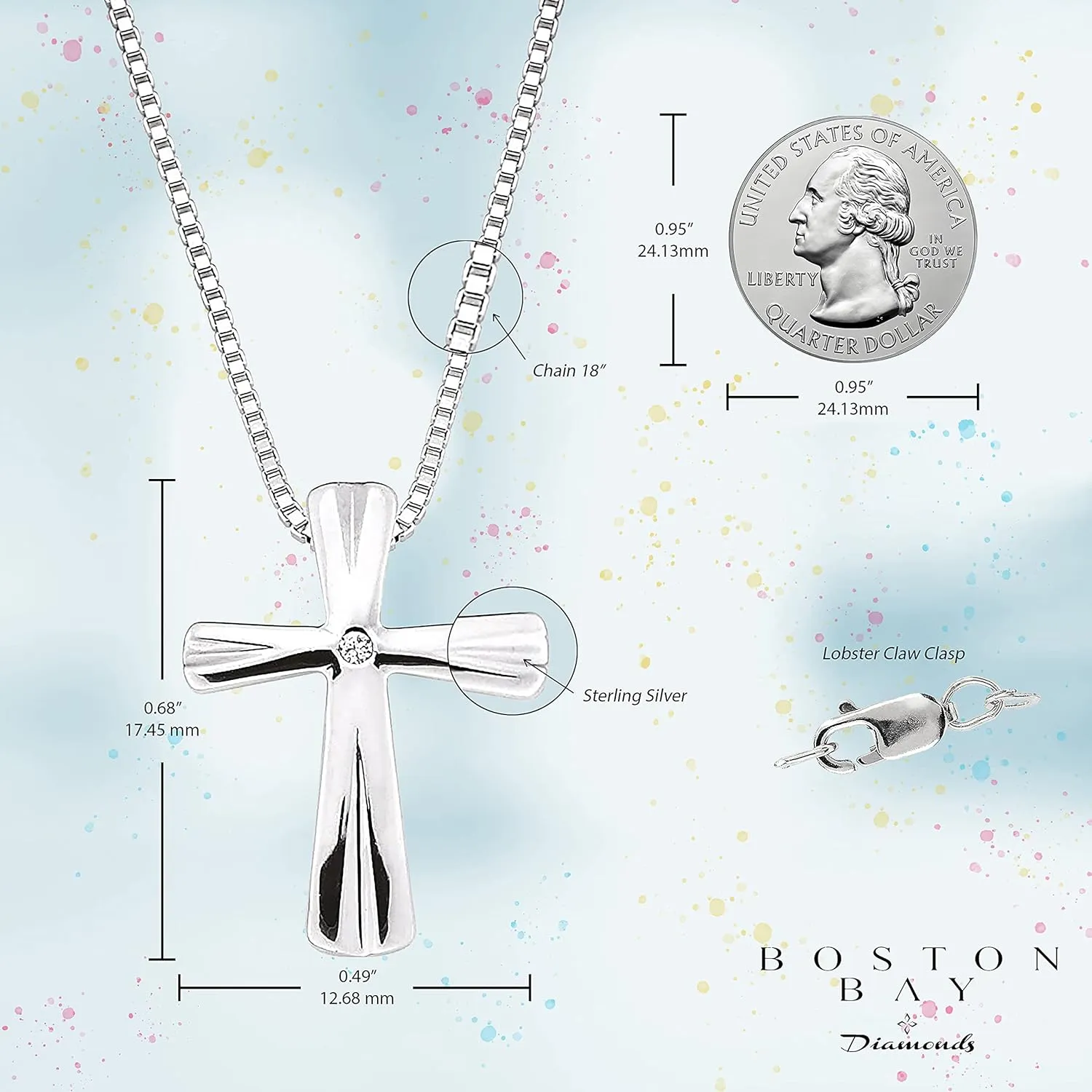 Boston Bay Diamonds Sterling Silver Diamond Cross Religious Pendant Necklace with 18" Chain