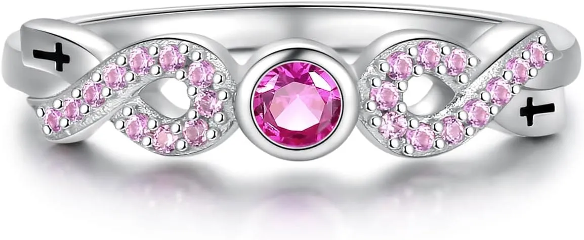 Breast Cancer Awareness Ring 925 Sterling Silver Cubic Zirconia Pink Ribbon Rings Survivor Jewelry Inspirational Gifts for Women