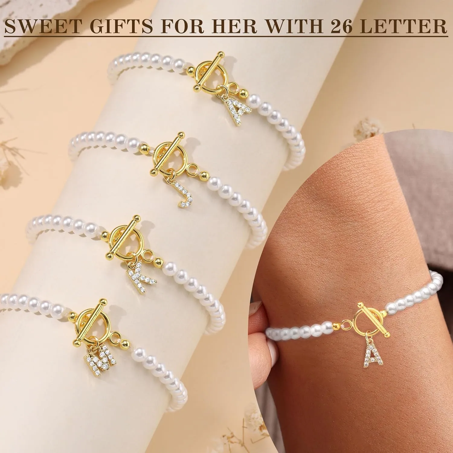 Btysun Initial Bracelets for Women, Mom Gifts for Mothers Day Pearl Bracelet Best Friend Birthday Gifts for Women Letter A-Z Gold Bracelets Graduation Gifts for Her 2025 Anniversary Christmas Jewelry