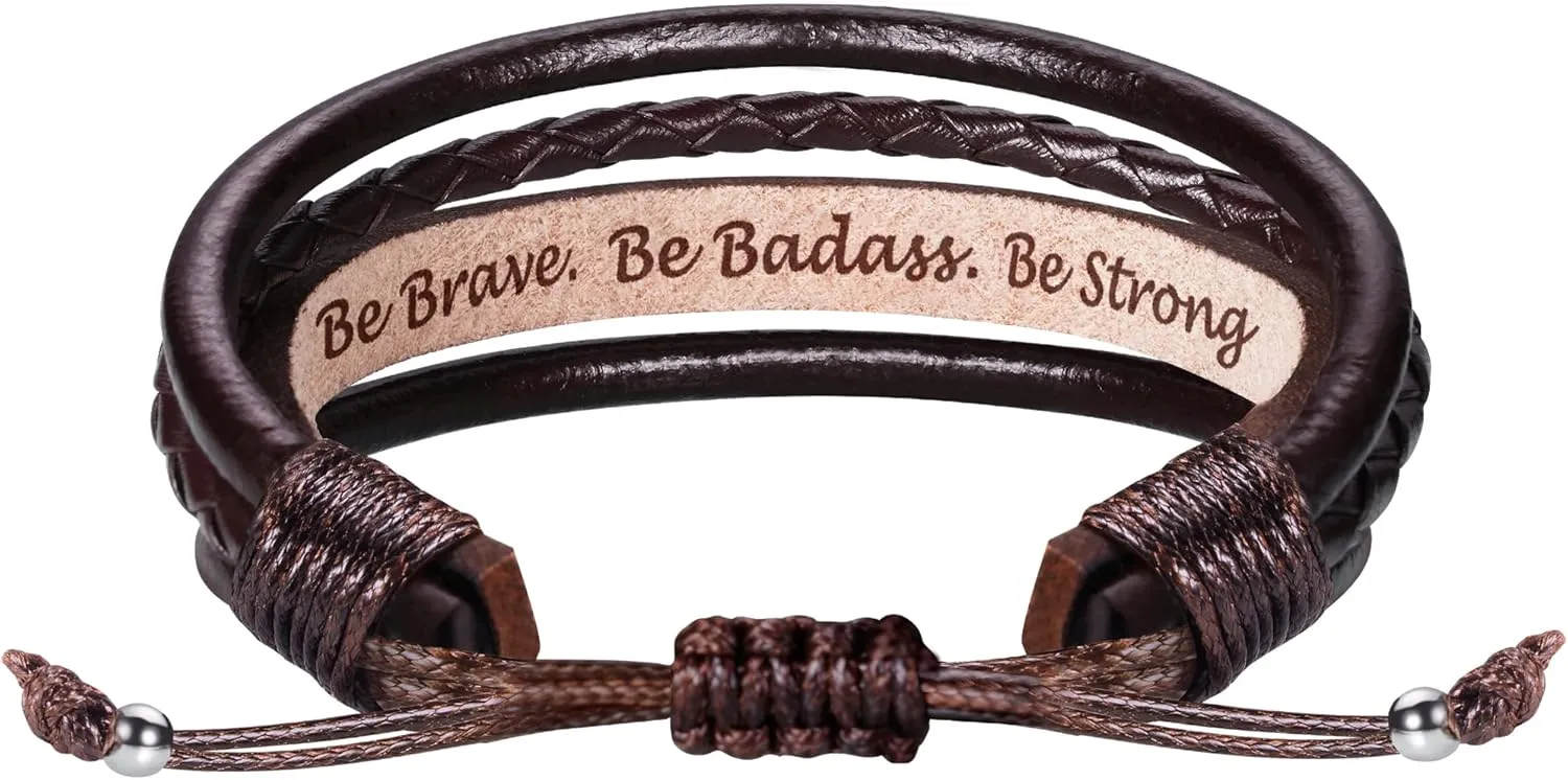 Btysun Leather Bracelet for Men Birthday Gifts for Dad Him Boyfriend Friends Adjustable Cuff Bracelets for Women Brown Valentines Father's Day Gift for Men Jewelry for Women with Inspirational Message