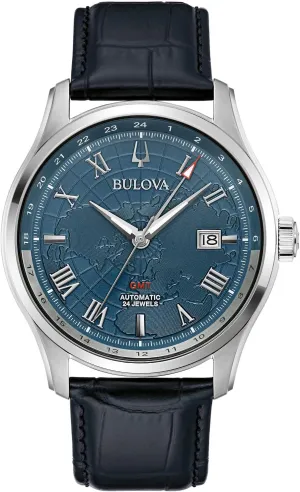 Bulova Classic Wilton GMT Automatic Black Leather Strap Watch | 43mm | 96B385