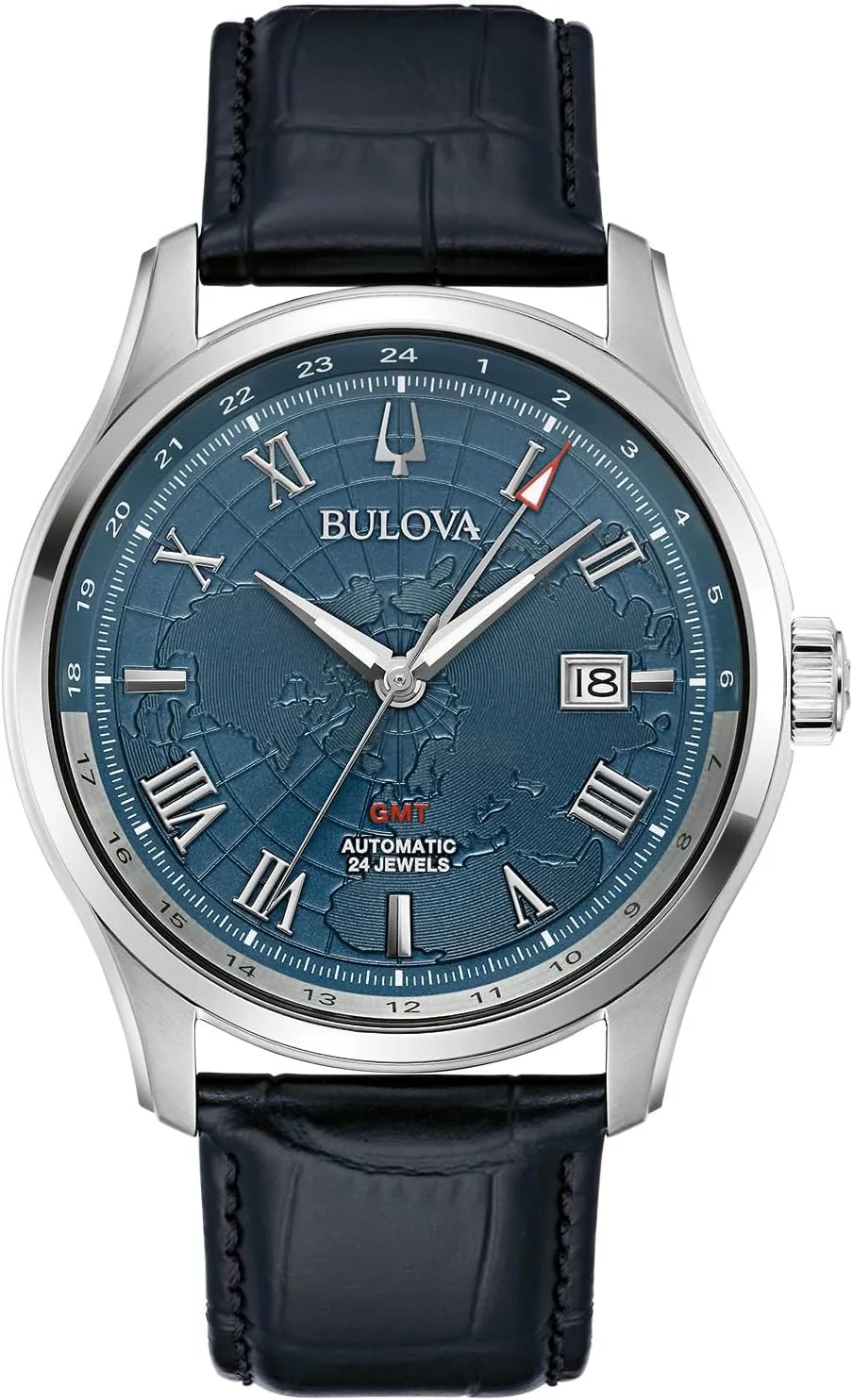 Bulova Classic Wilton GMT Automatic Black Leather Strap Watch | 43mm | 96B385