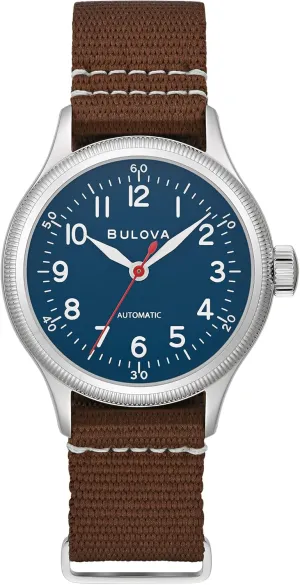 Bulova Men's Military A11 Stainless Steel 3-Hand Hack Automatic Watch, Brown Leather Strap and Blue Dial Style: 96A282