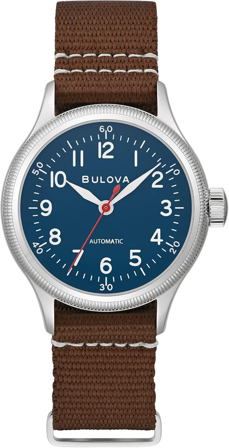 Bulova Men's Military A11 Stainless Steel 3-Hand Hack Automatic Watch, Brown Leather Strap and Blue Dial Style: 96A282