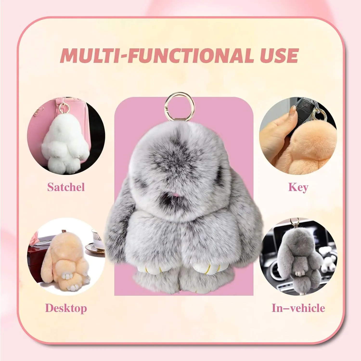 Bunny Keychain - BunnyLulu Keychain with Tin, Handmade Soft Bunny PomPom Charms for Christmas Birthday Gift