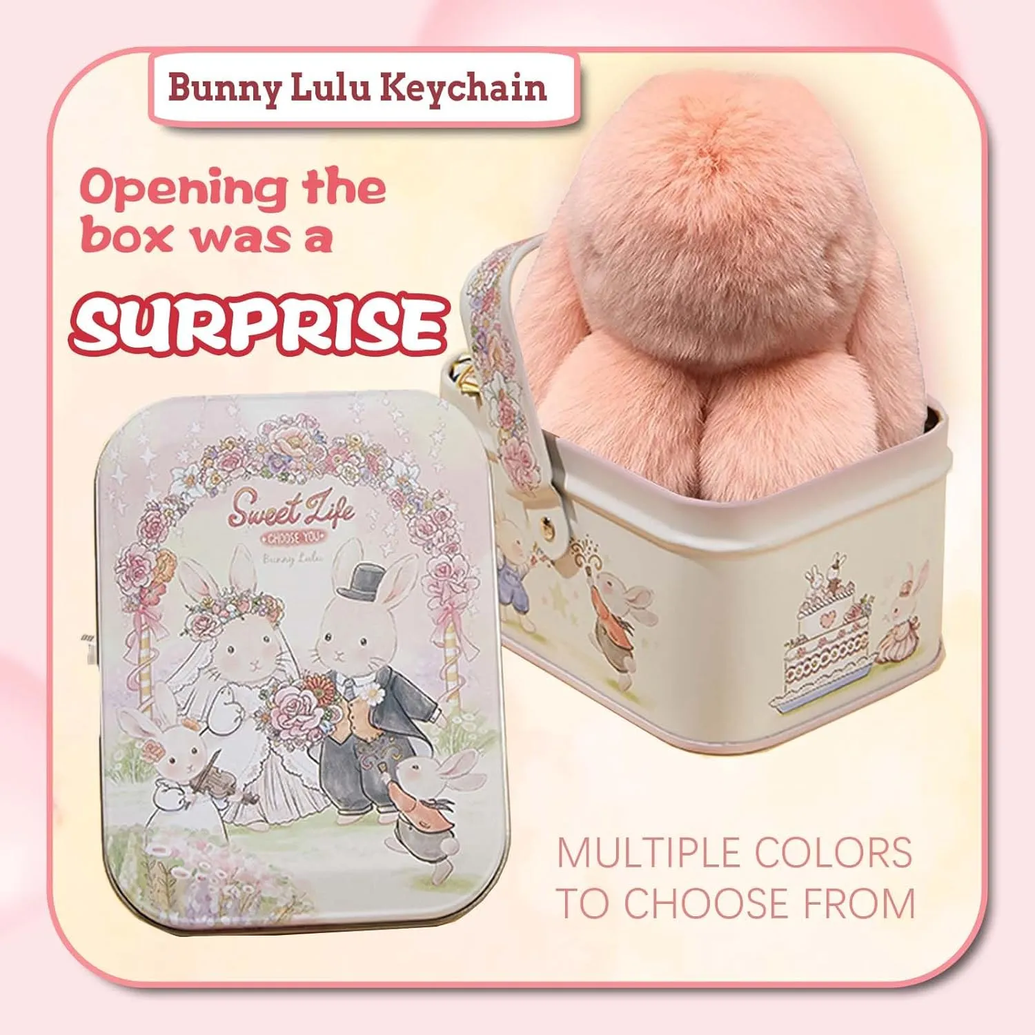 Bunny Keychain - BunnyLulu Keychain with Tin, Handmade Soft Bunny PomPom Charms for Christmas Birthday Gift