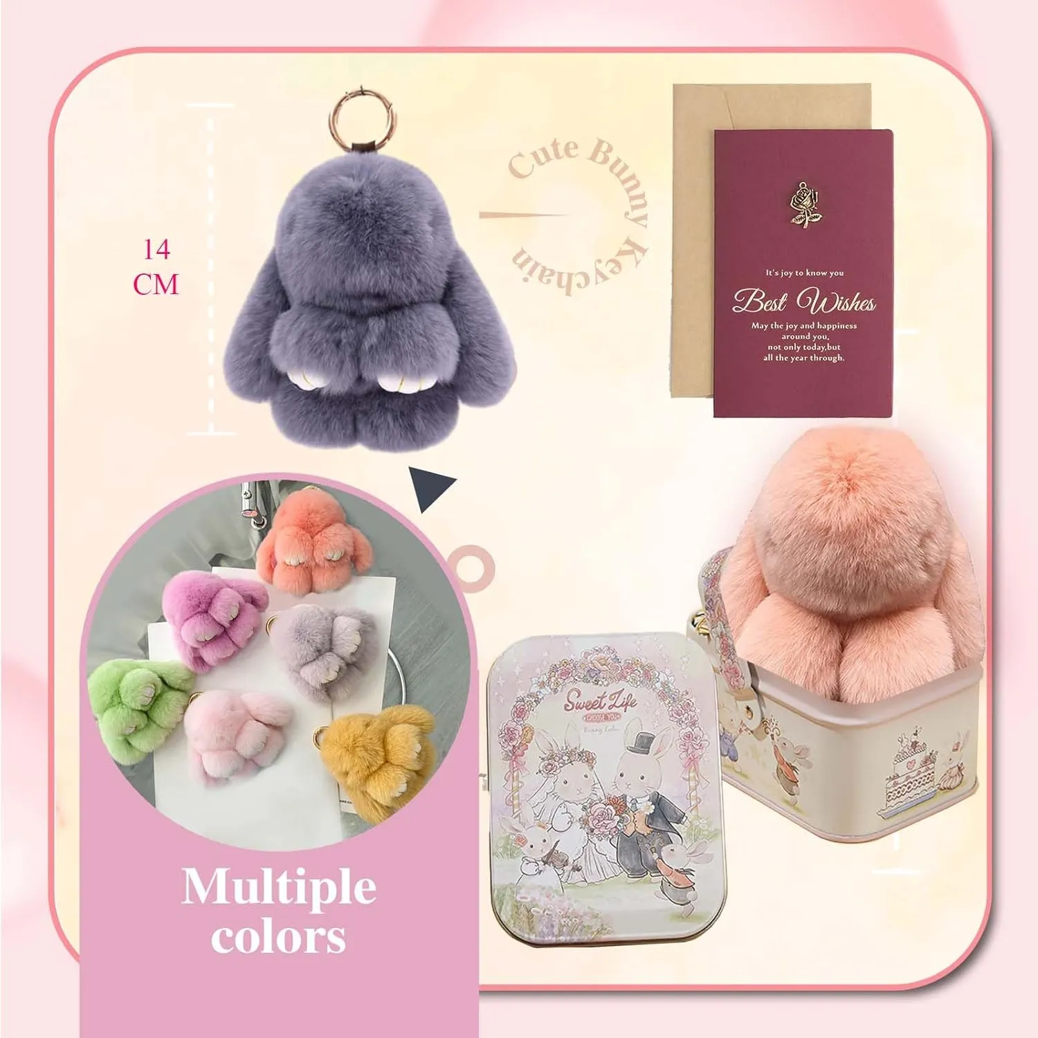 Bunny Keychain - BunnyLulu Keychain with Tin, Handmade Soft Bunny PomPom Charms for Christmas Birthday Gift
