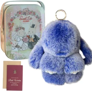 Bunny Keychain - BunnyLulu Keychain with Tin, Handmade Soft Bunny PomPom Charms for Christmas Birthday Gift