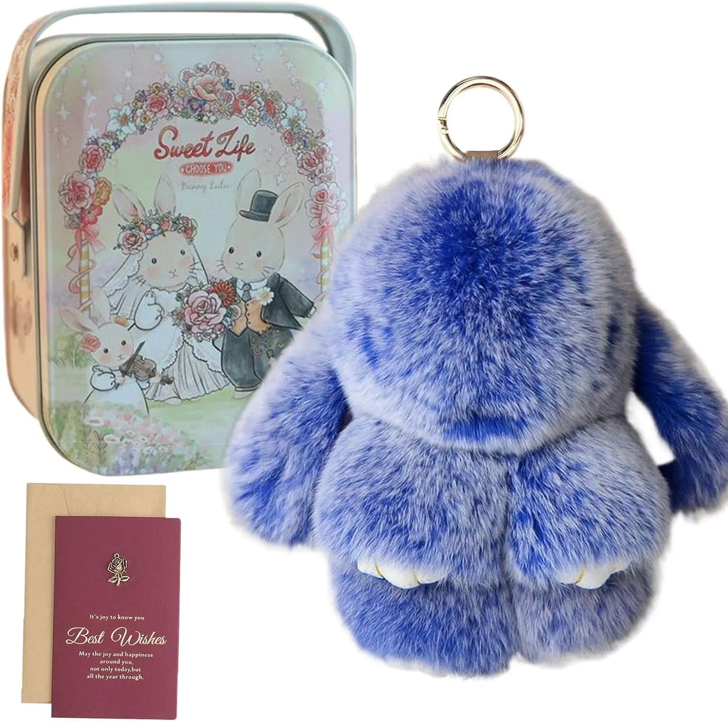 Bunny Keychain - BunnyLulu Keychain with Tin, Handmade Soft Bunny PomPom Charms for Christmas Birthday Gift