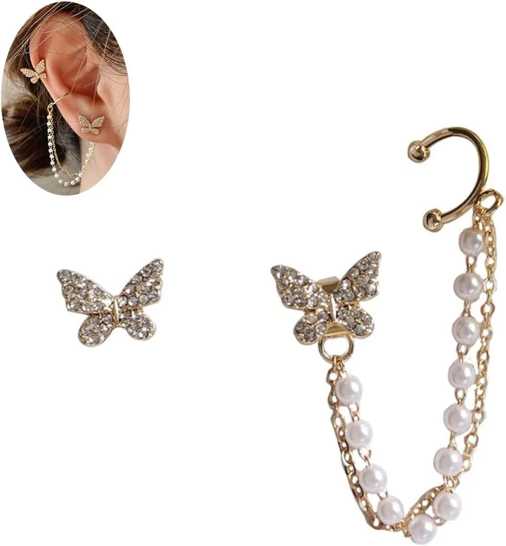 Butterfly Ear Cuff Gold Clip Earring Clip for Woman,Ear Cuffs Non Piercing Cuff Earrings Wrap Earrings,Disc Bar Dangle Earrings Beaded Chain Earrings