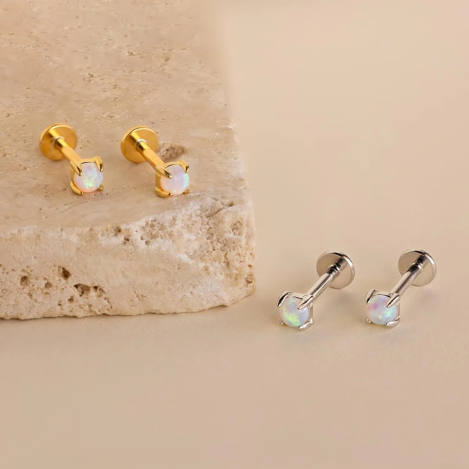 CAITLYNMINIMALIST 18K Gold Plated Sterling Silver Dainty Opal & CZ Diamond Elegant Mini Stud Earrings for Women