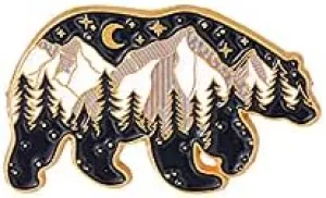 Cartoon Big Brown Bear Enamel Lapel Pin With Snow Mountain Night Scene Pattern Badge Collar Brooch
