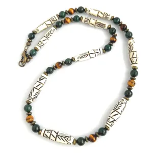 Carved Bone, Bloodstone, Tiger Eye Gemstone - Mens Tribal Style Necklace - Handcrafted in USA (19 inches)